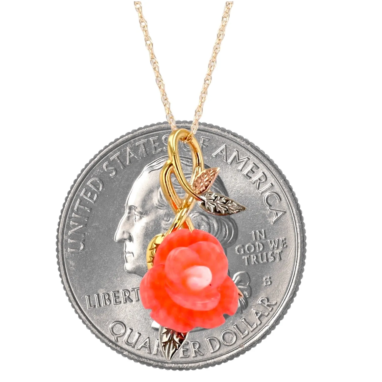 14K Yellow gold red coral rose pendant Singapore chain-52931