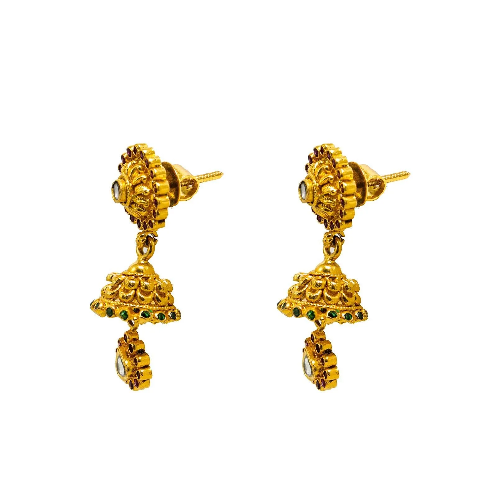 22K Yellow Gold Jhumki Earrings Earrings W/ Rubies, Emeralds, Kundan & Loop Detailed Drops