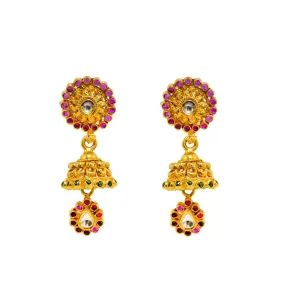 22K Yellow Gold Jhumki Earrings Earrings W/ Rubies, Emeralds, Kundan & Loop Detailed Drops