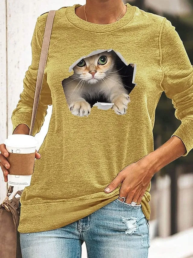 3D Cat Print Long Sleeve Women's T-shirt in Black, Yellow, and Navy Blue