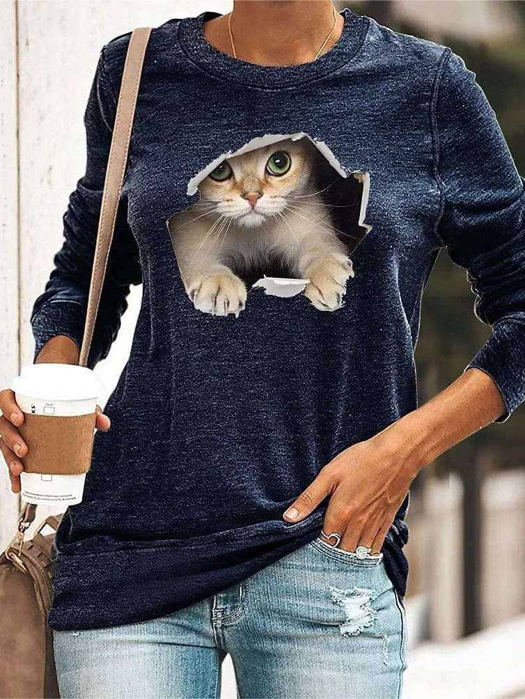 3D Cat Print Long Sleeve Women's T-shirt in Black, Yellow, and Navy Blue