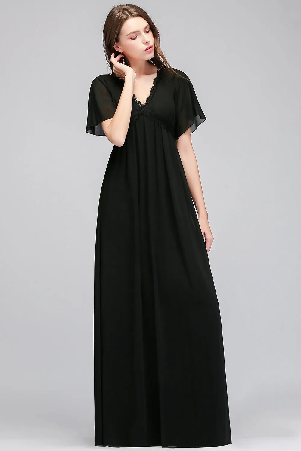 A-line Chiffon V-Neck Long Backless Bridesmaid Dresses with Sleeves