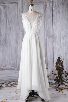 Affordable A-line Asymmetric Lace Chiffon Open Back Wedding Dress