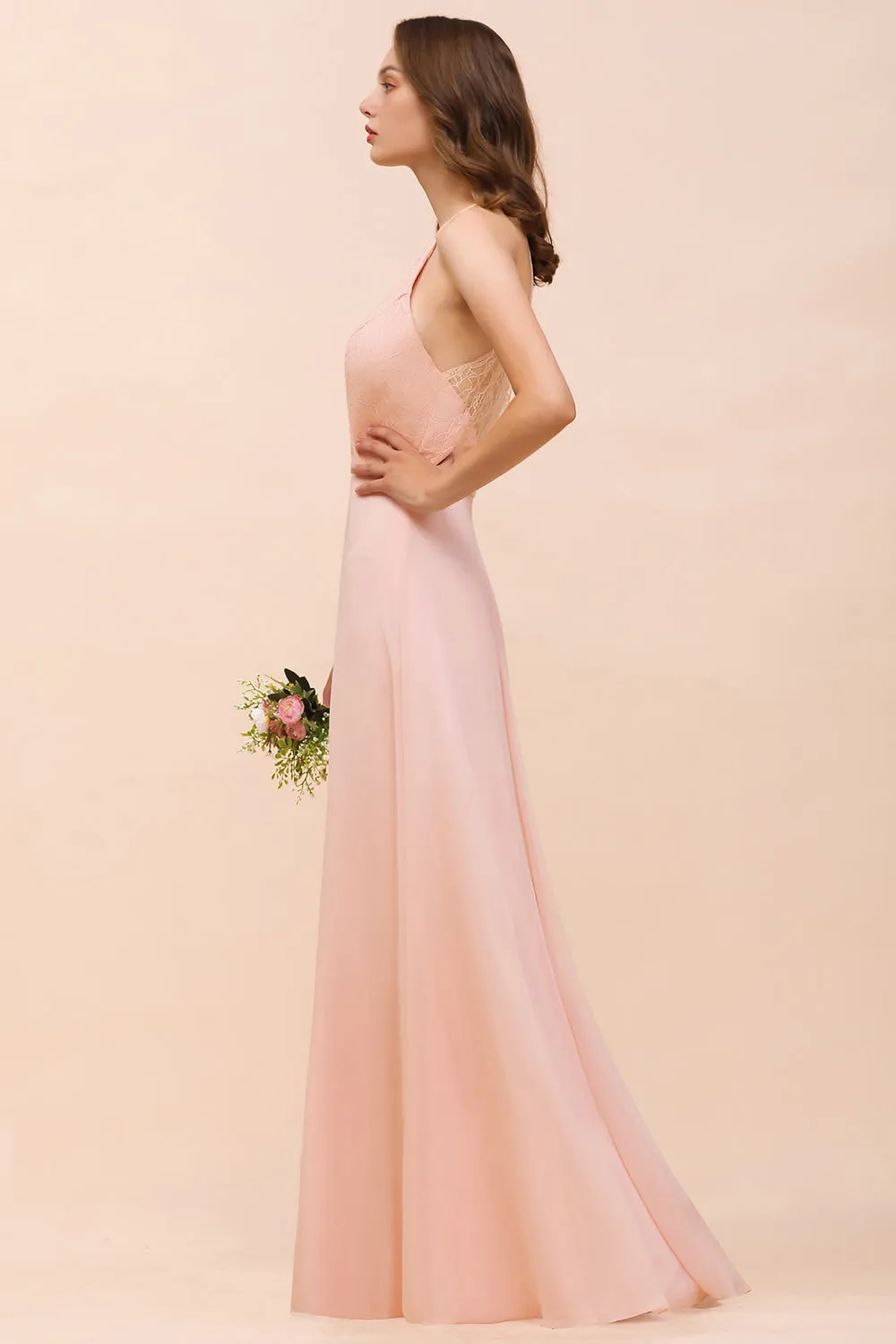 Affordable Shealth Spaghetti Straps Chiffon Long Bridesmaid Dress with Lace