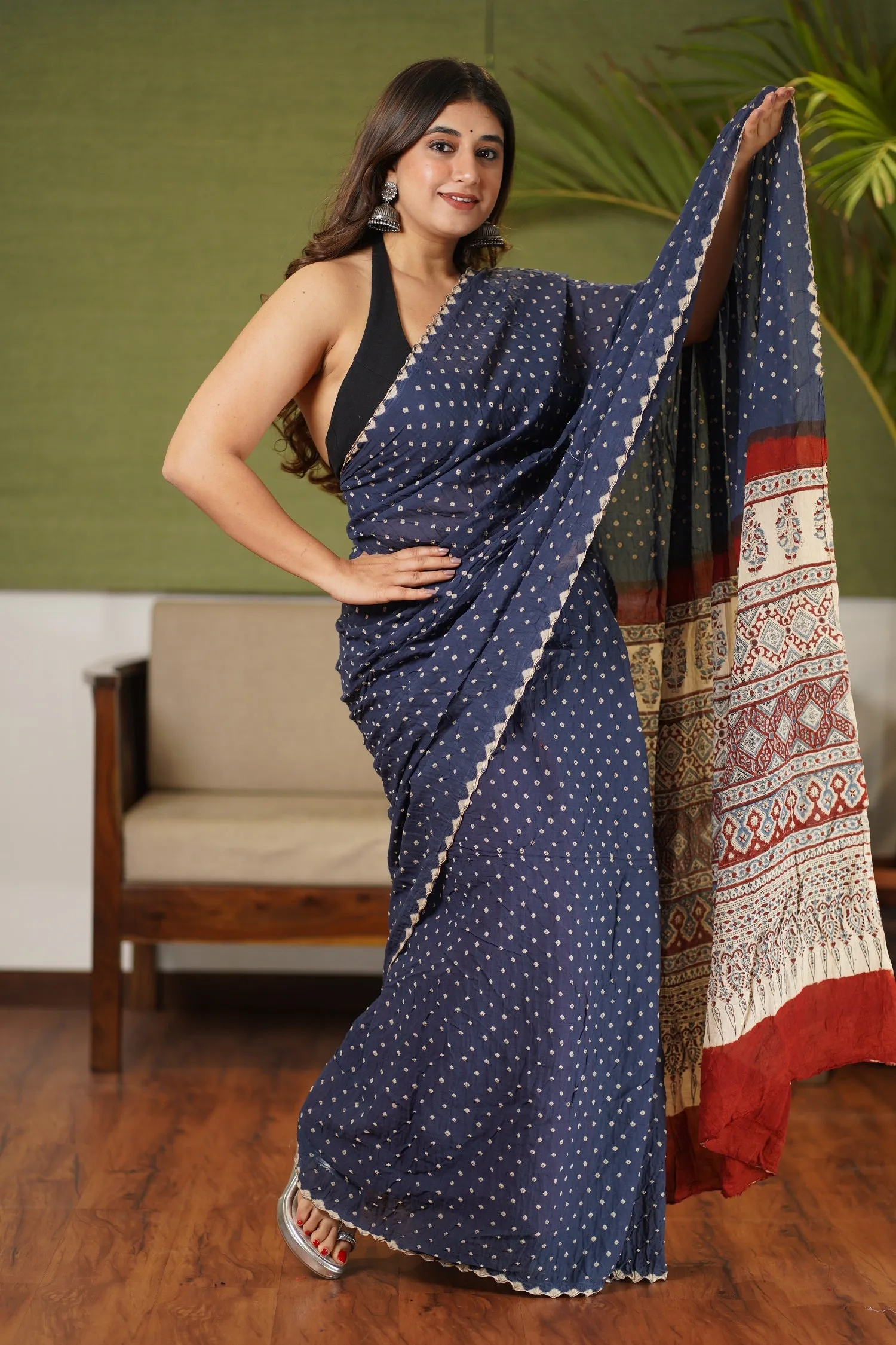 Ajrakh Bandhani Mul Cotton Saree