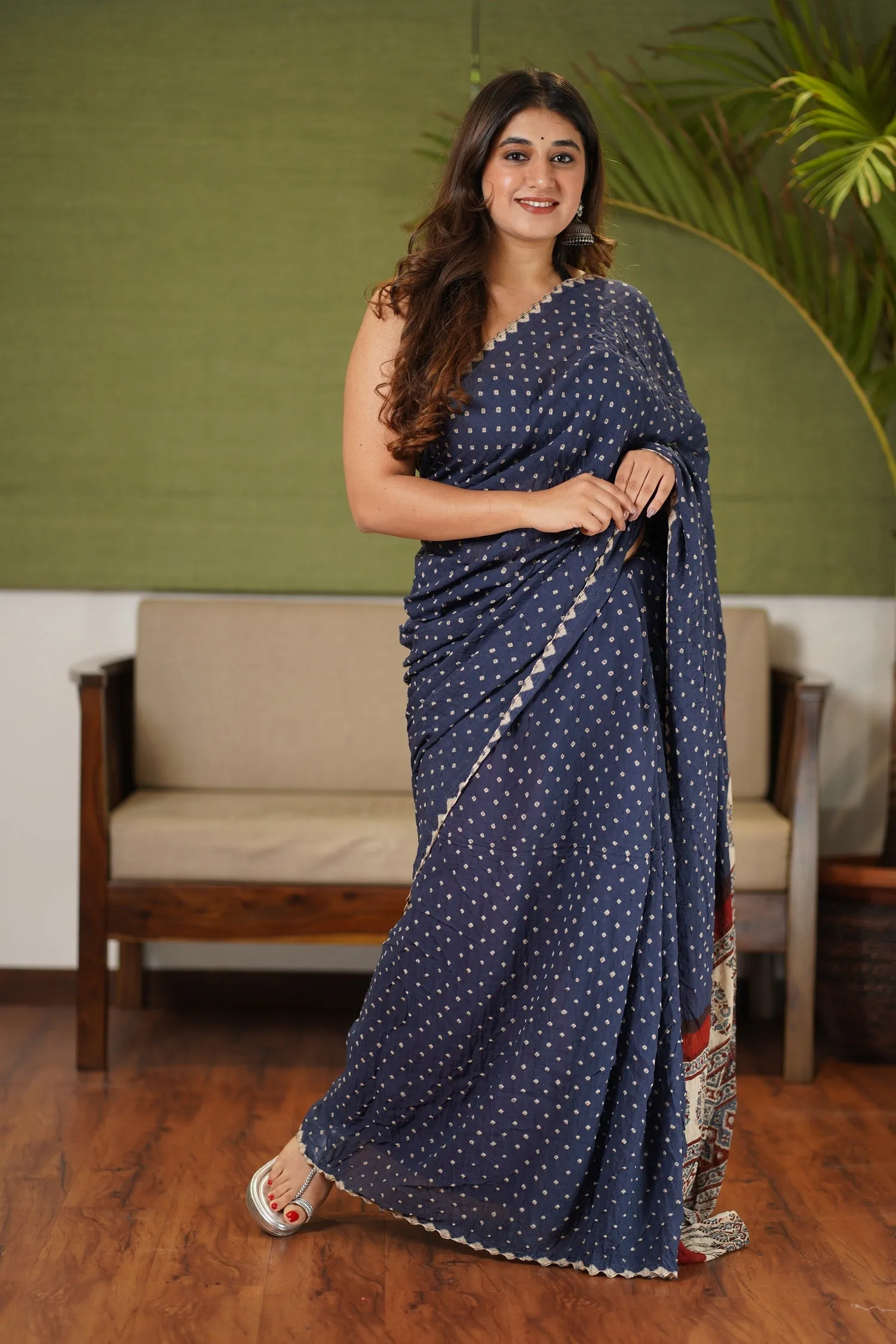 Ajrakh Bandhani Mul Cotton Saree