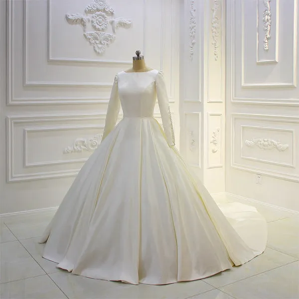 AM074 Long Sleeve Satin Simple Elegant Backless satin luxury Wedding Dress