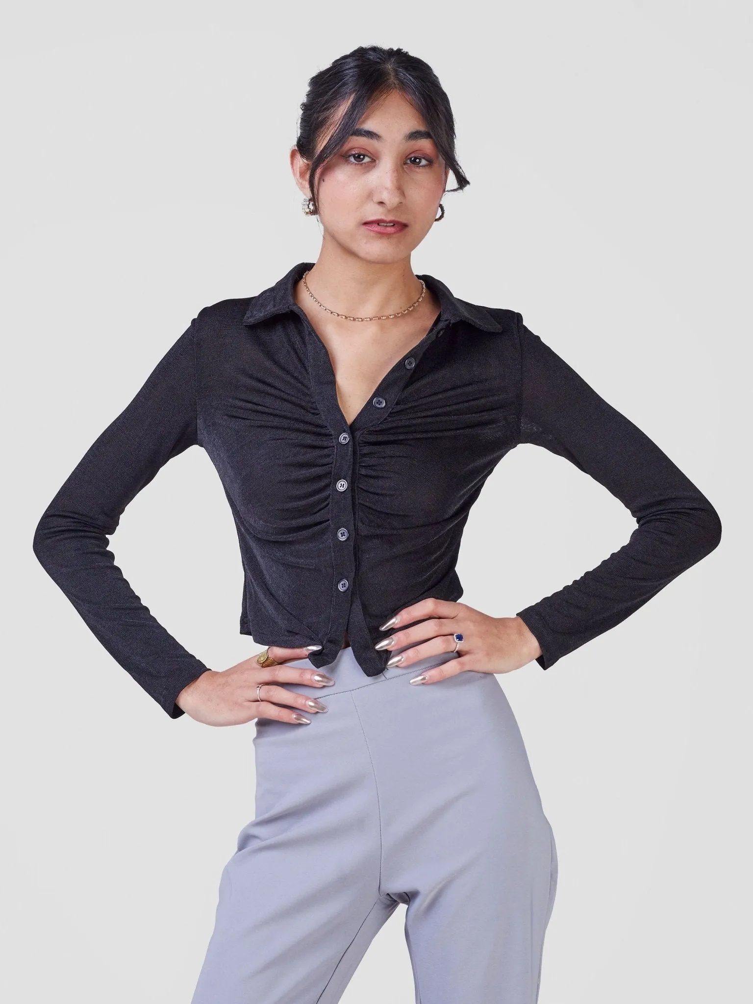 Anika Cropped Ruched Long Sleeve Blouse - Black