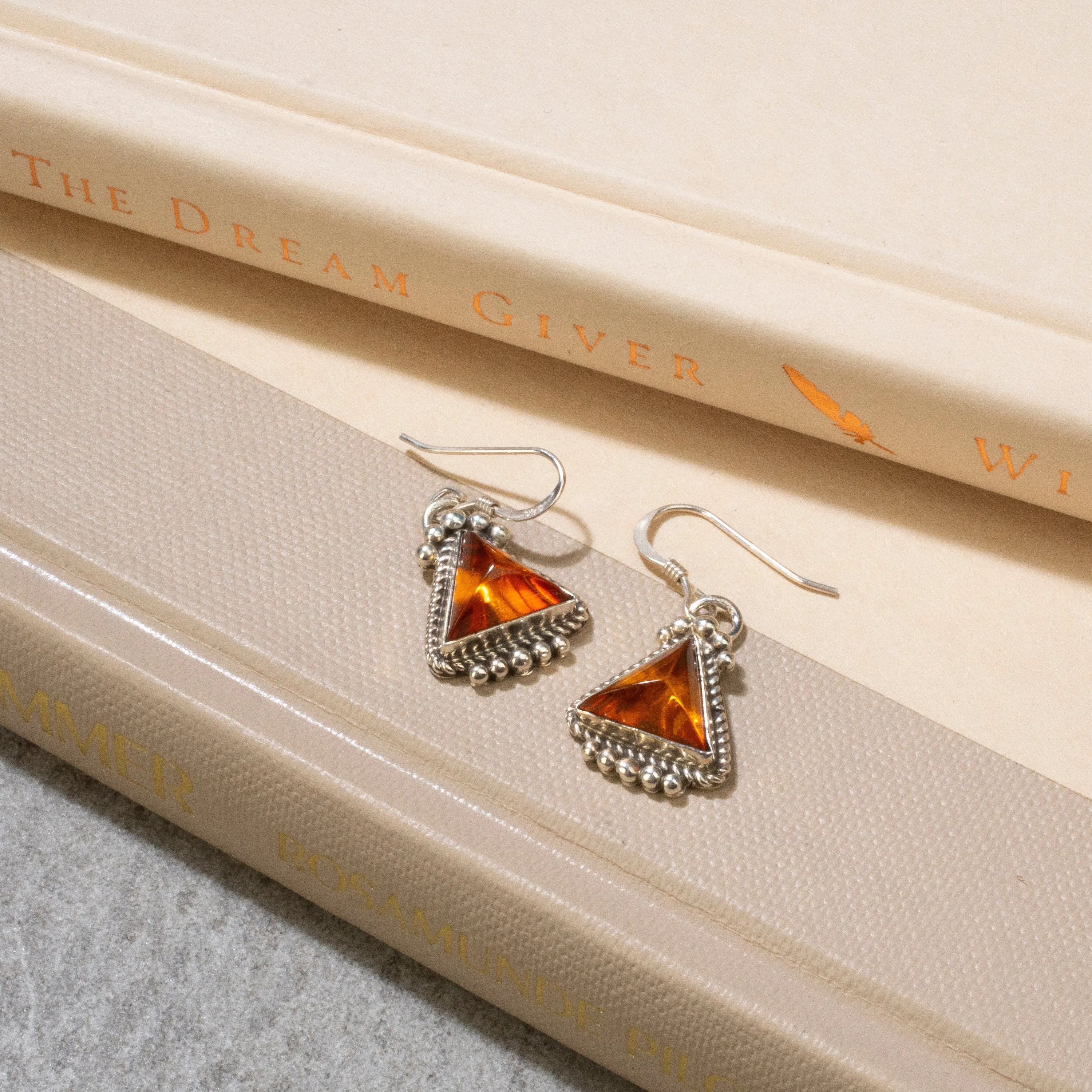 Baltic Amber Triangle Dangle Navajo USA Native American Made 925 Sterling Silver Earrings with French Hook