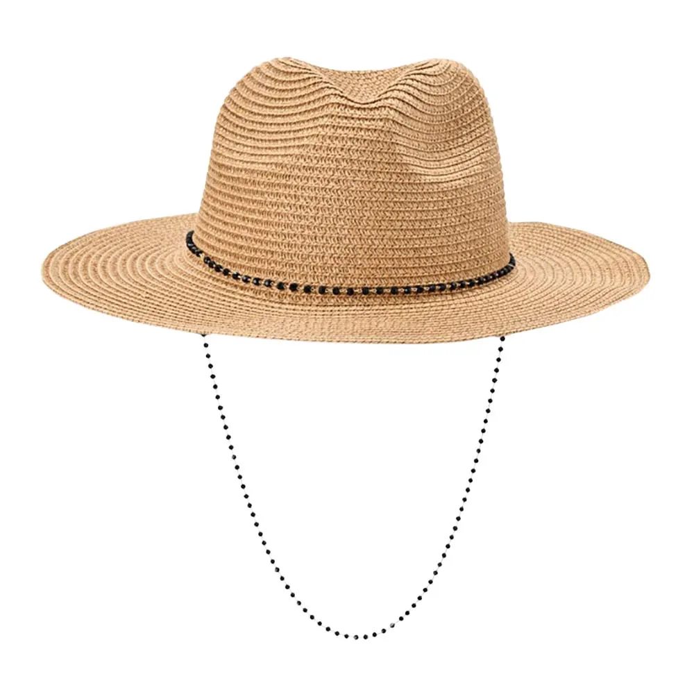 Beaded Chin Tie Straw Sun Hat