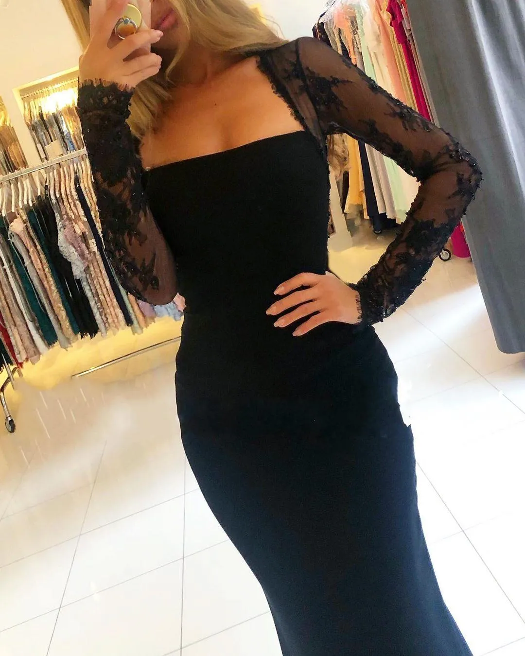 Black Long Mermaid Square Neckline Backless Prom Dress with Sleeves