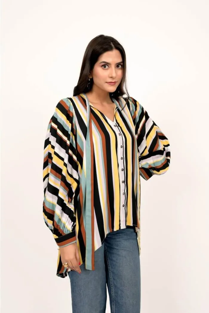 Black Multicoloured Striped High Low Antifit Top