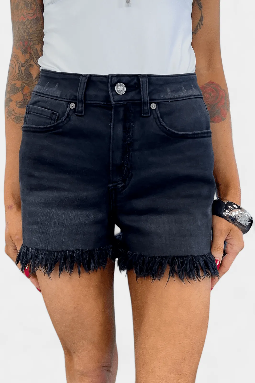 Black Washed Mid Rise Frayed Denim Shorts