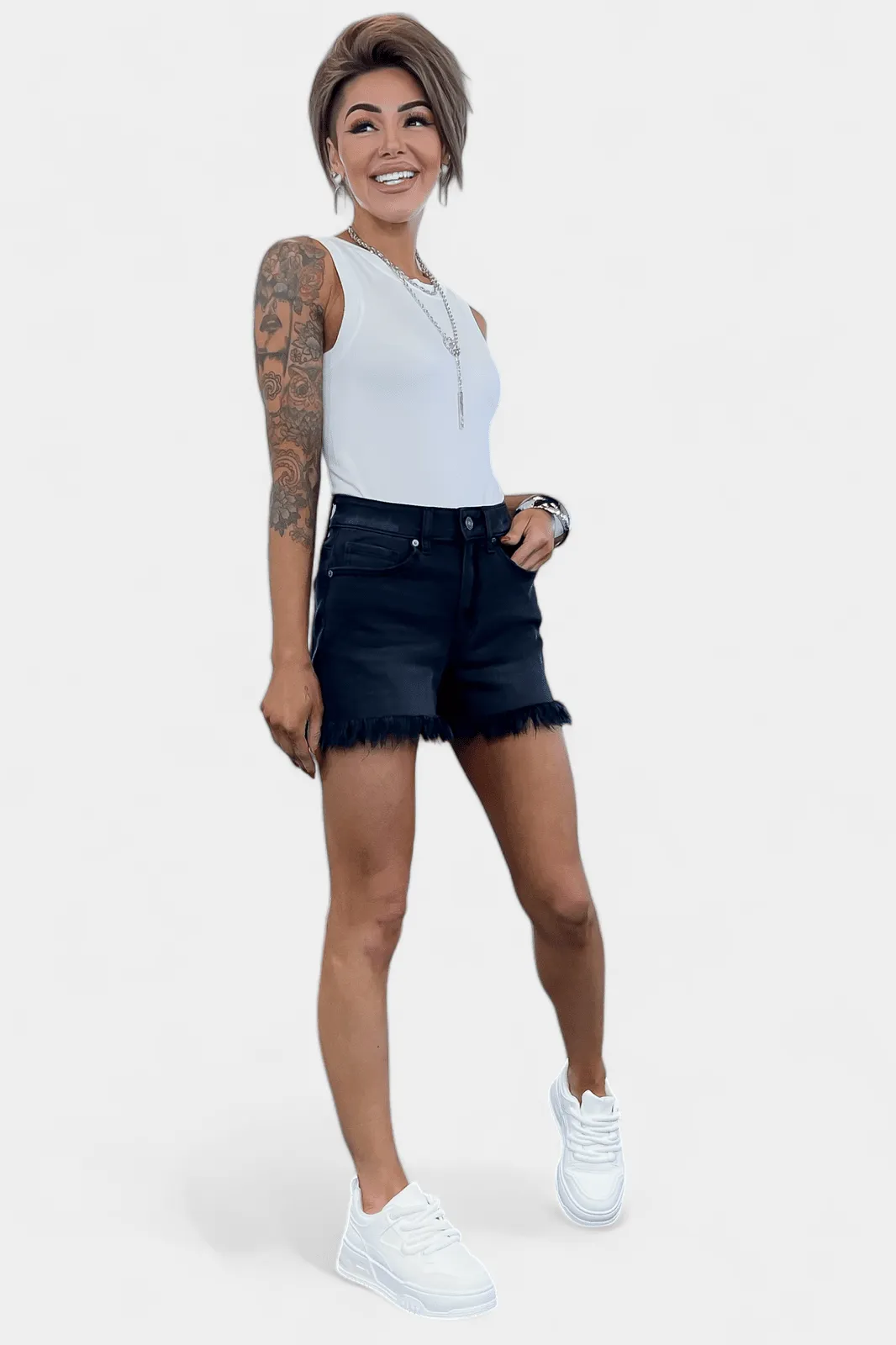 Black Washed Mid Rise Frayed Denim Shorts