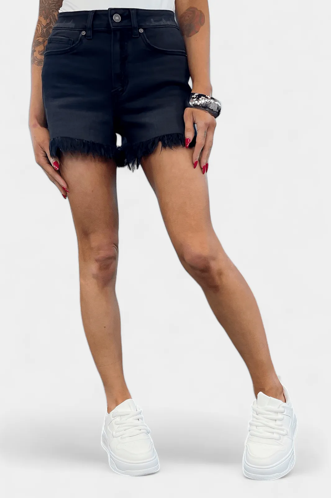 Black Washed Mid Rise Frayed Denim Shorts