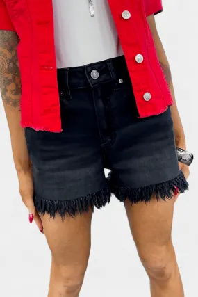 Black Washed Mid Rise Frayed Denim Shorts