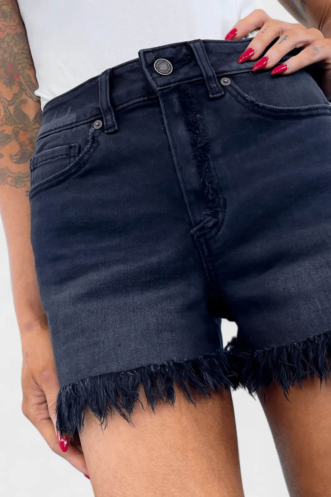 Black Washed Mid Rise Frayed Denim Shorts