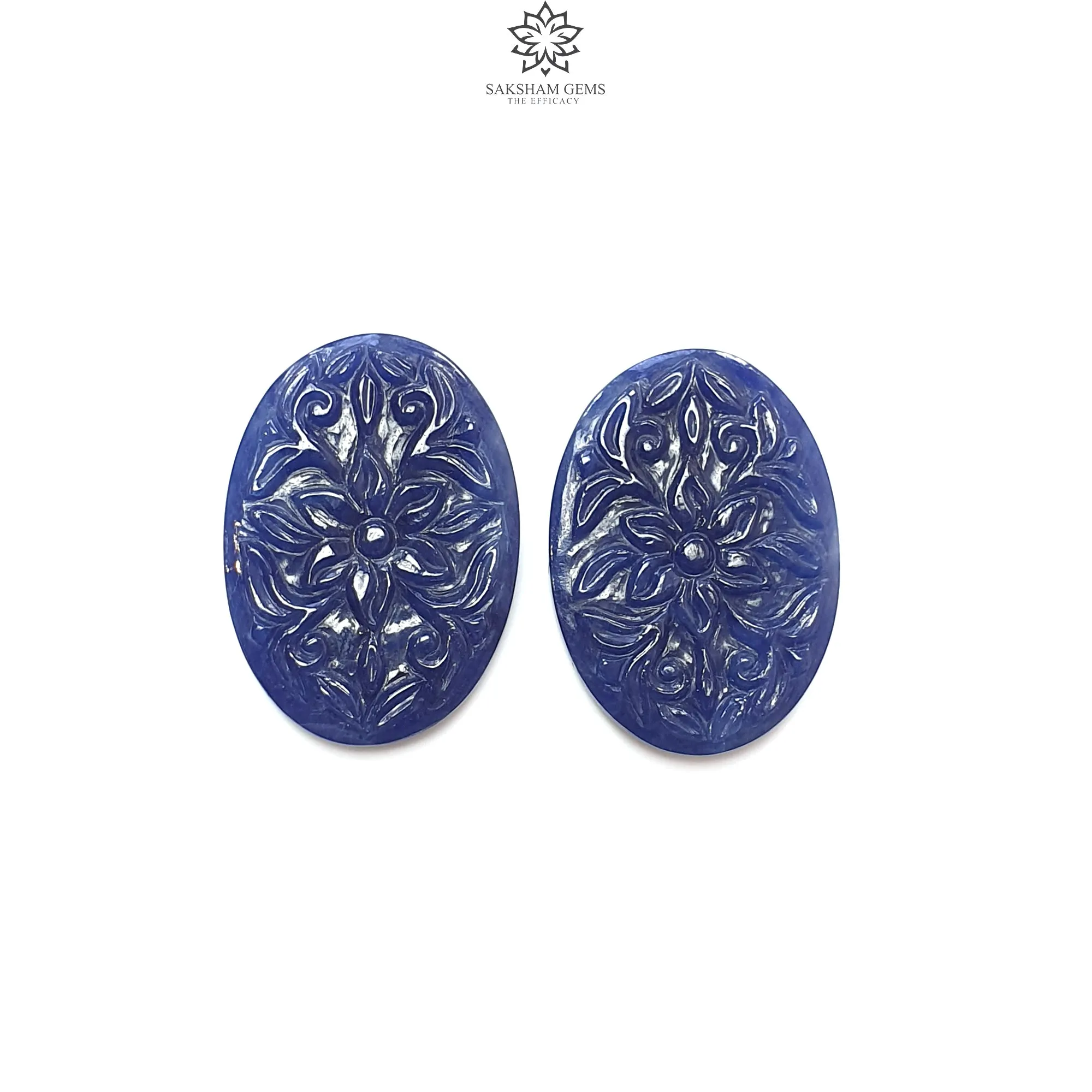 Blue Sapphire Gemstone Carving : 90.00cts Natural Untreated Unheated Sapphire Hand Carved Oval Shape 34*24mm Pair