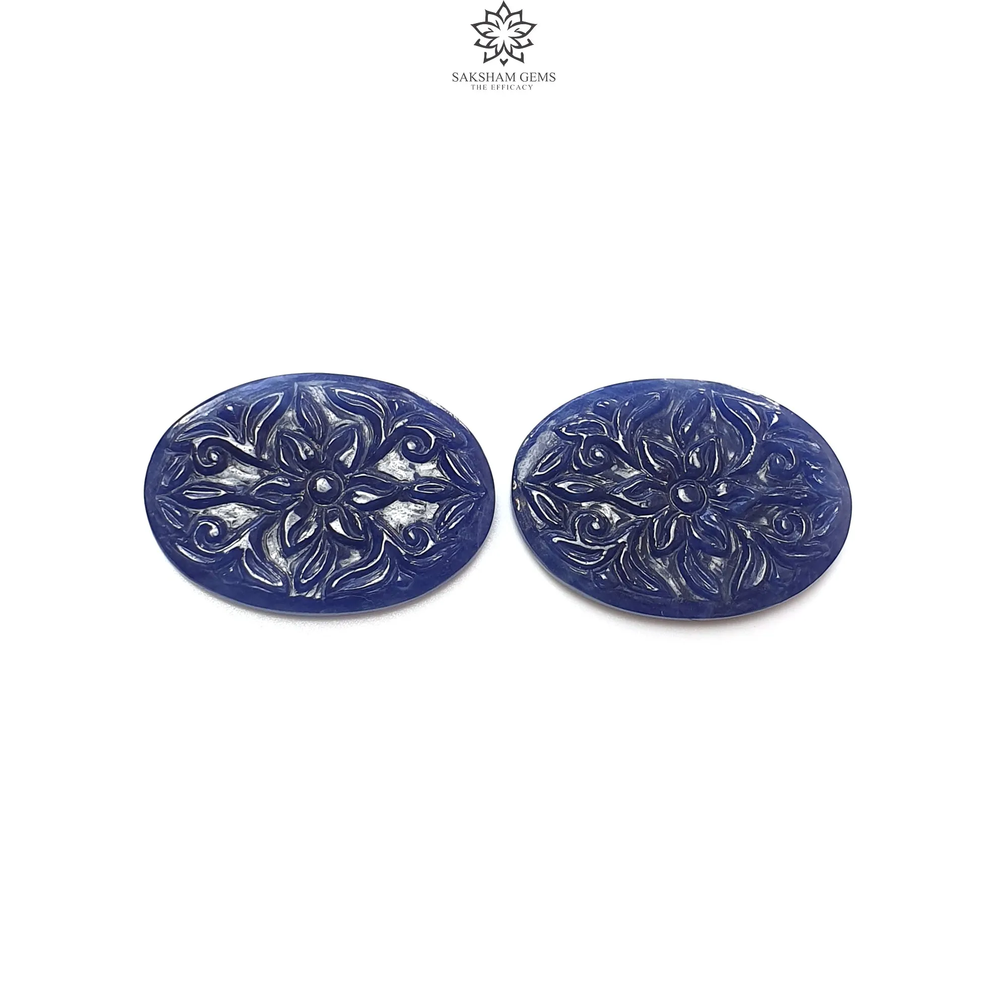 Blue Sapphire Gemstone Carving : 90.00cts Natural Untreated Unheated Sapphire Hand Carved Oval Shape 34*24mm Pair