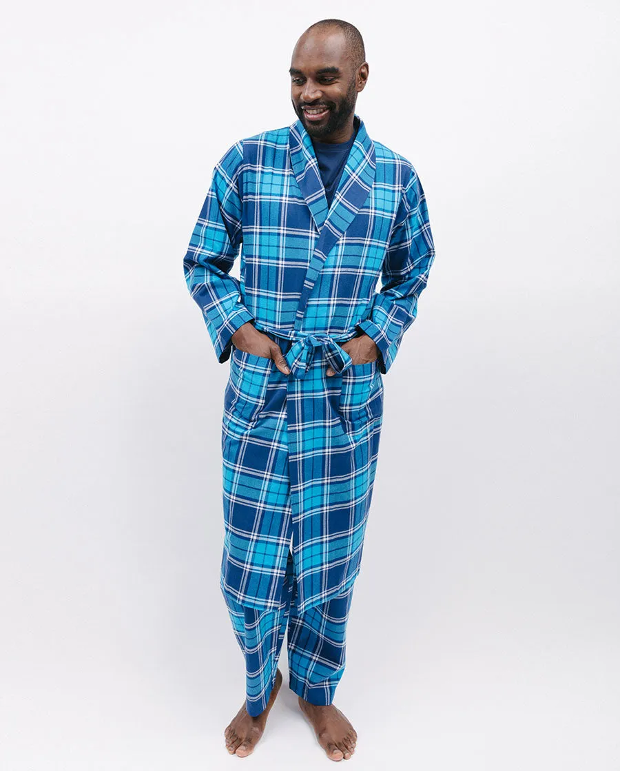 Brushed Blue Check Long Dressing Gown