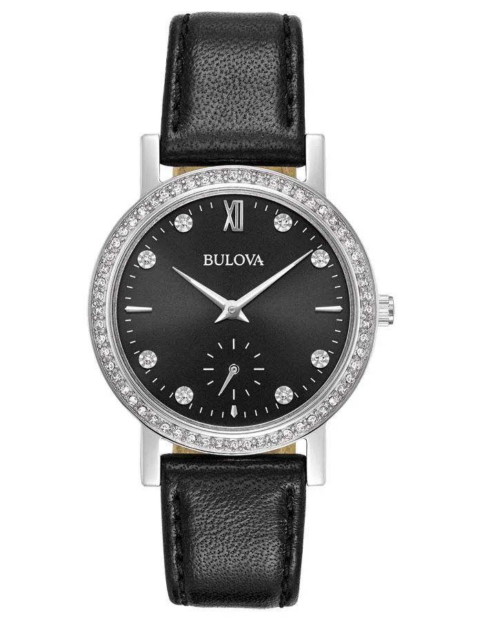 Bulova Womens Crystal Watch - Swarovski - Black Dial - Black Leather Strap