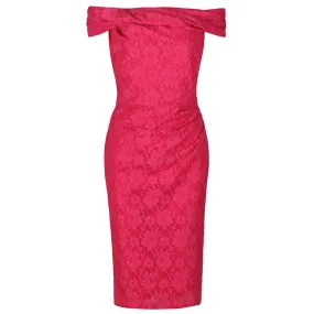 Cerise Pink Lace Bardot Wiggle Pencil Dress