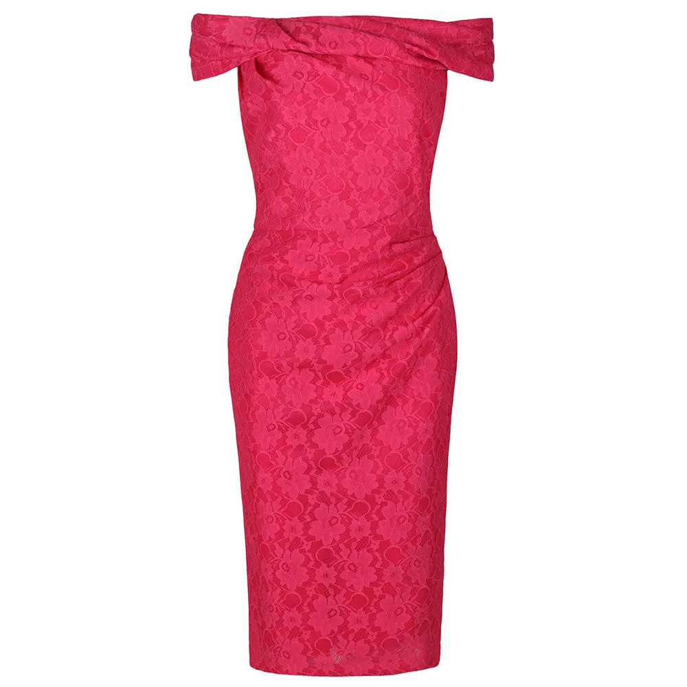 Cerise Pink Lace Bardot Wiggle Pencil Dress