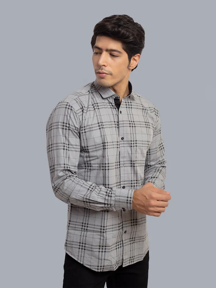 Check Shirt for Men - Checked Regular Fit Casual Shirt Grey