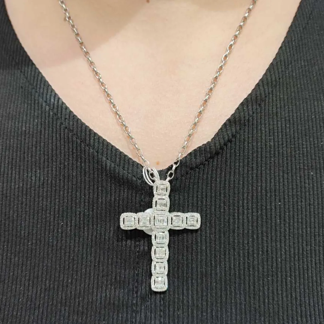 Cross Diamond Pendant Princess Halo 14K White/Yellow Gold