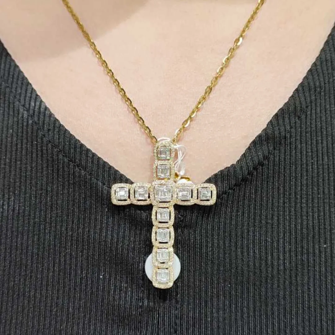 Cross Diamond Pendant Princess Halo 14K White/Yellow Gold