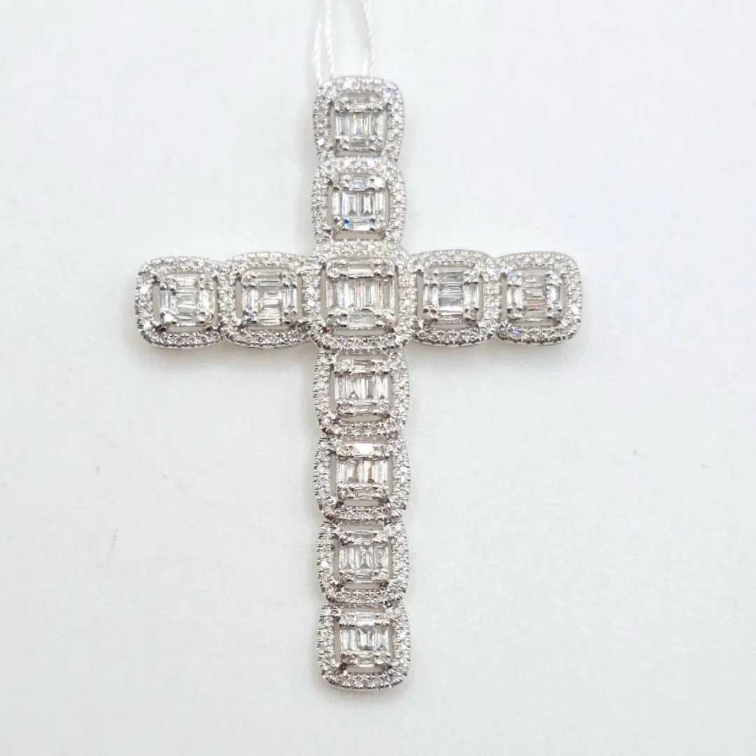 Cross Diamond Pendant Princess Halo 14K White/Yellow Gold