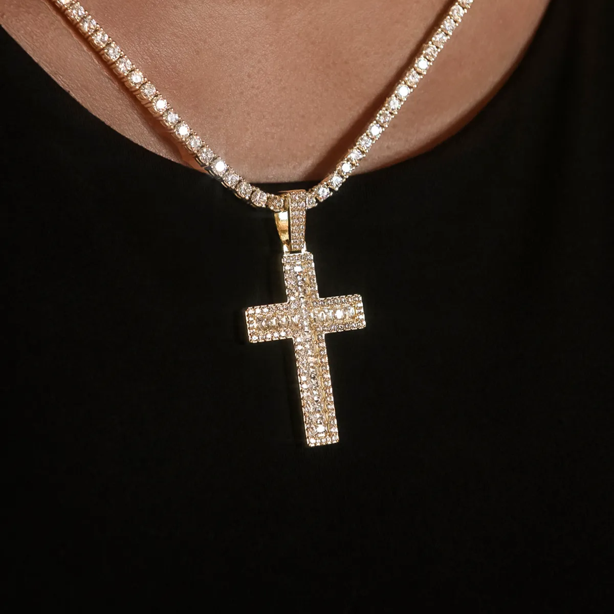 Diamond Baguette Cross Pendant in Yellow Gold