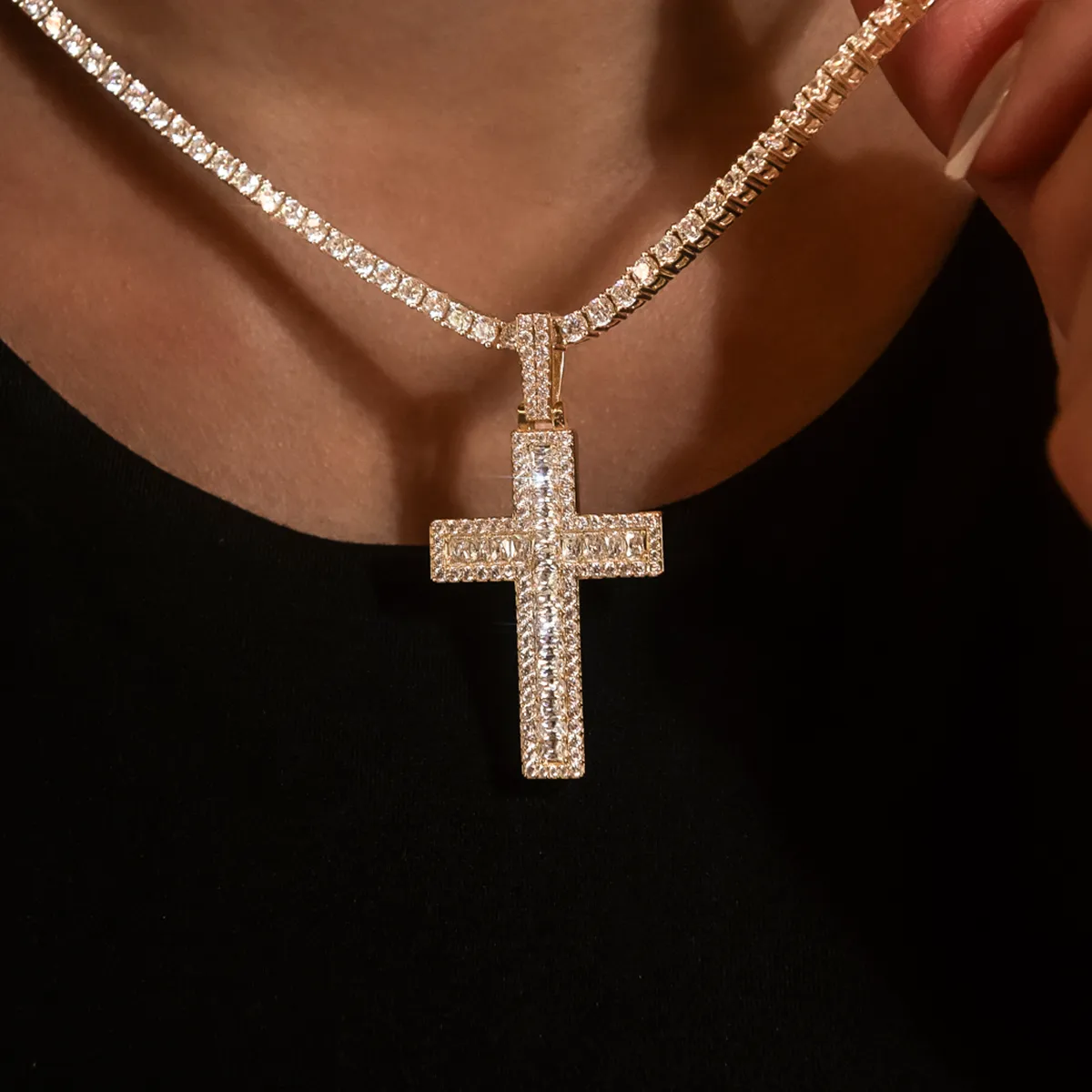 Diamond Baguette Cross Pendant in Yellow Gold