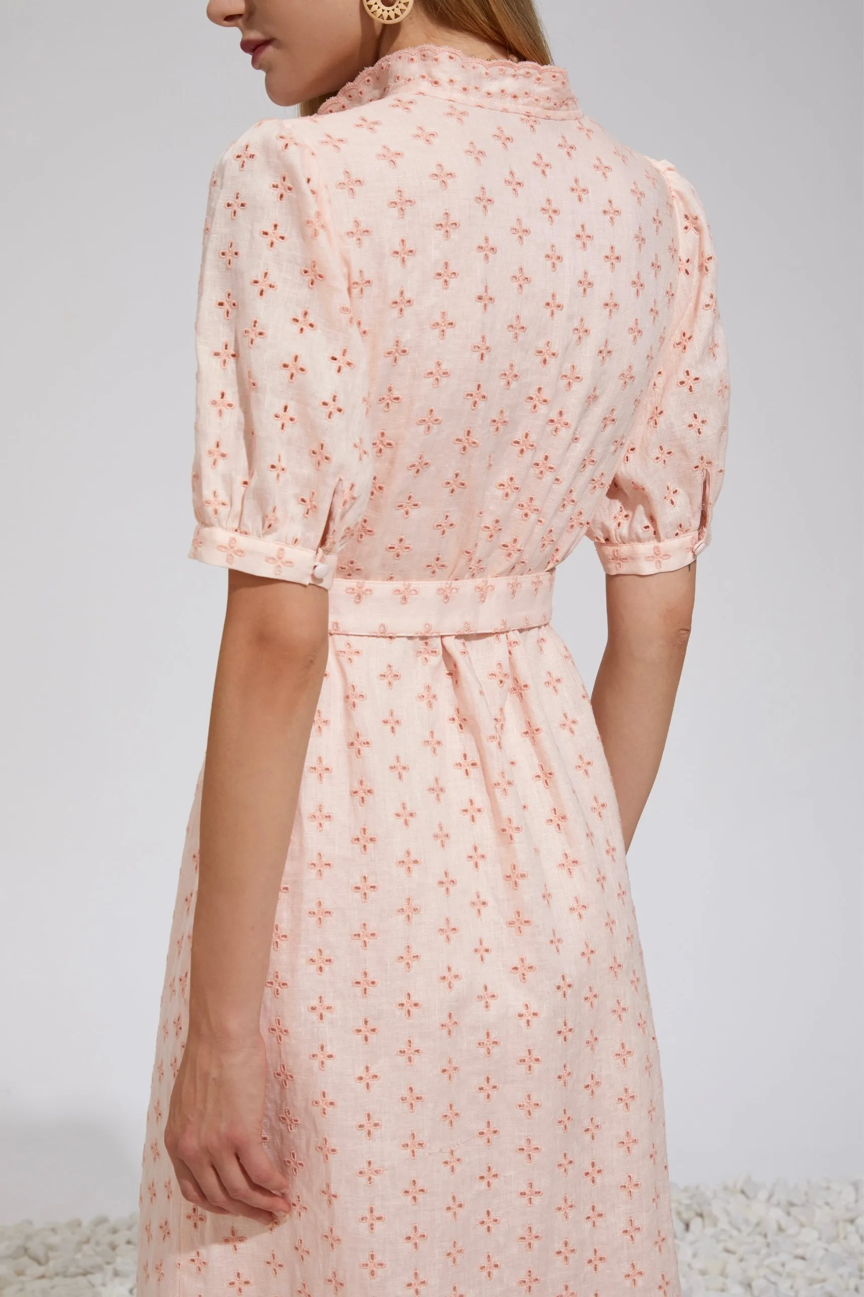 Elle Linen Embroidered Midi Dress - Pink