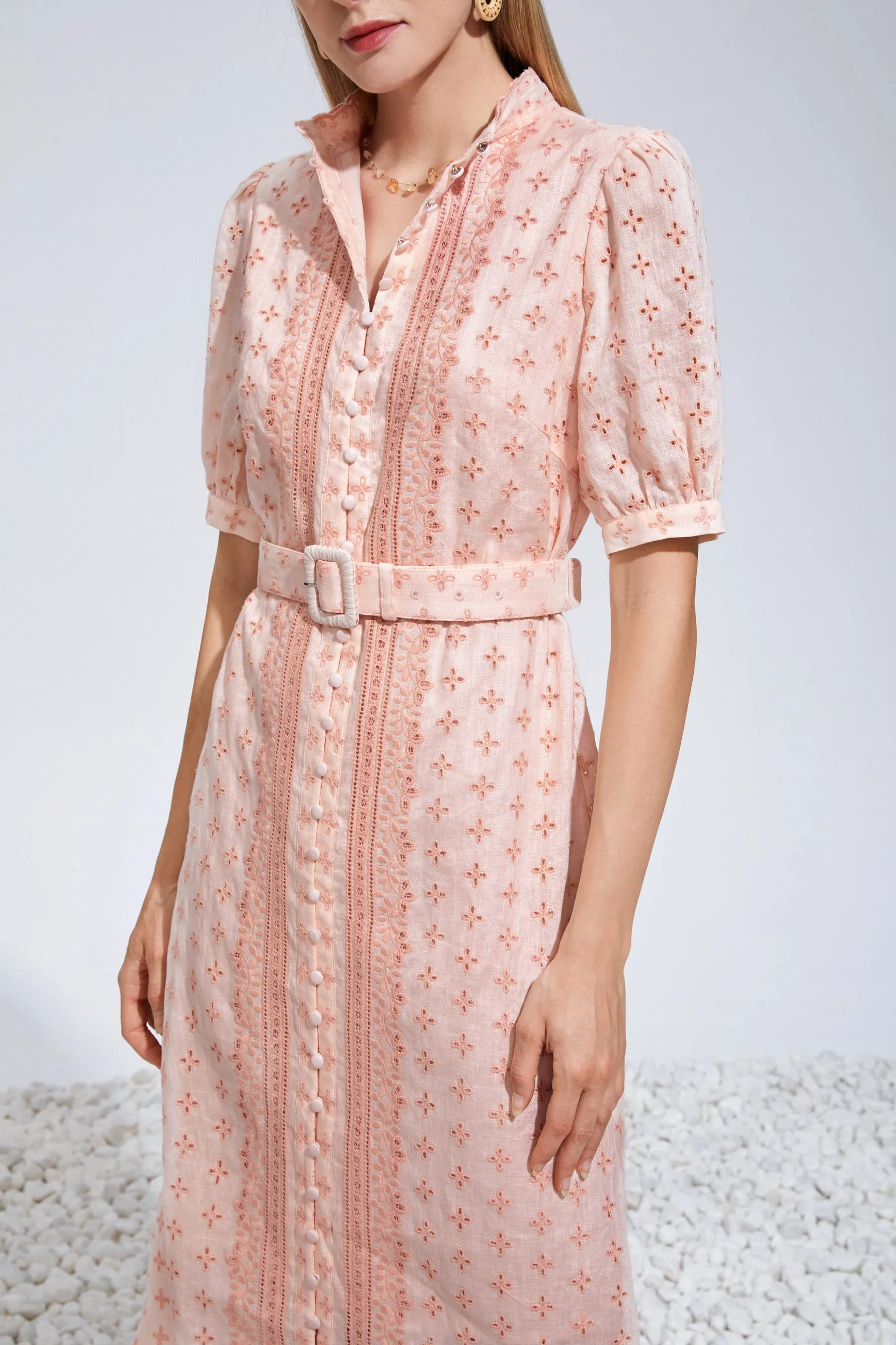 Elle Linen Embroidered Midi Dress - Pink