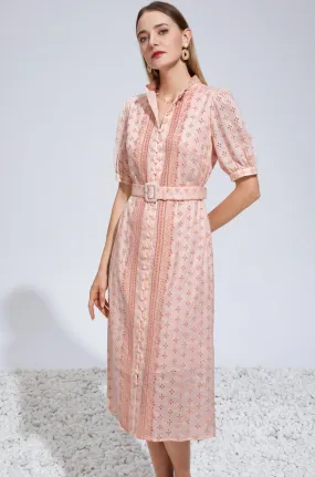 Elle Linen Embroidered Midi Dress - Pink