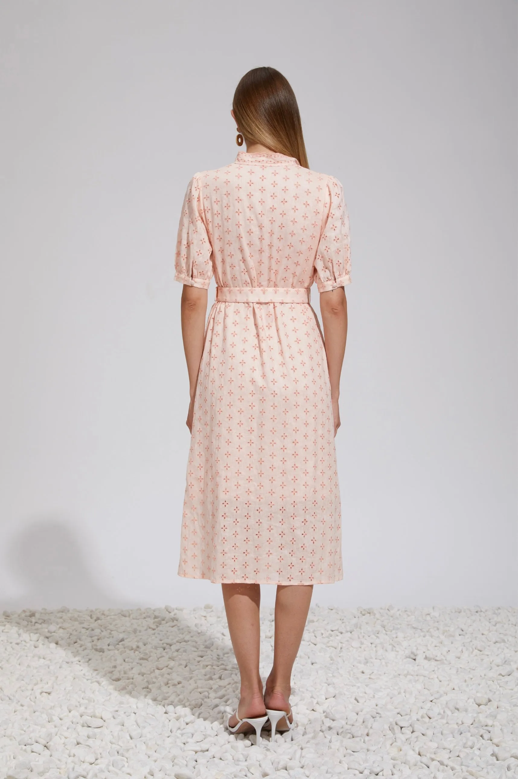 Elle Linen Embroidered Midi Dress - Pink