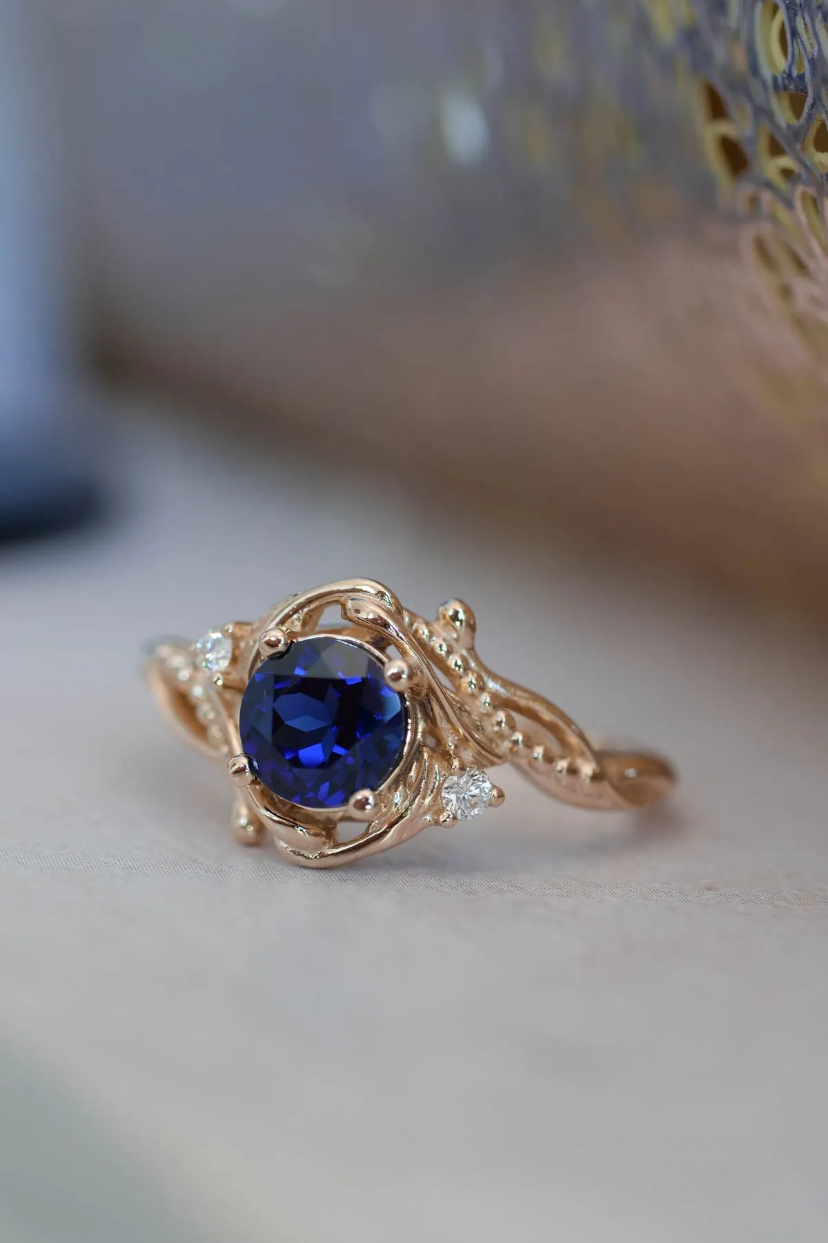 Fantasy engagement ring with blue lab sapphire / Undina