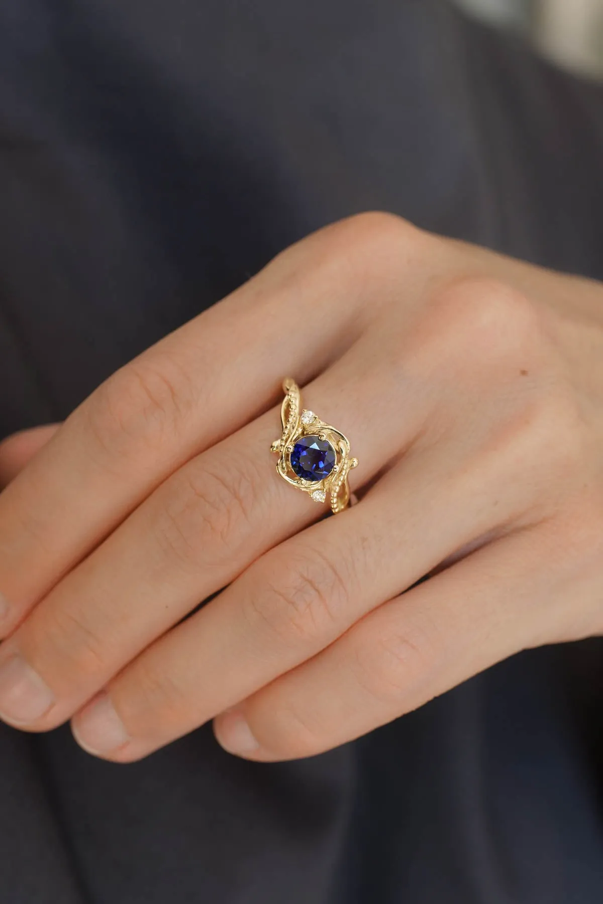 Fantasy engagement ring with blue lab sapphire / Undina