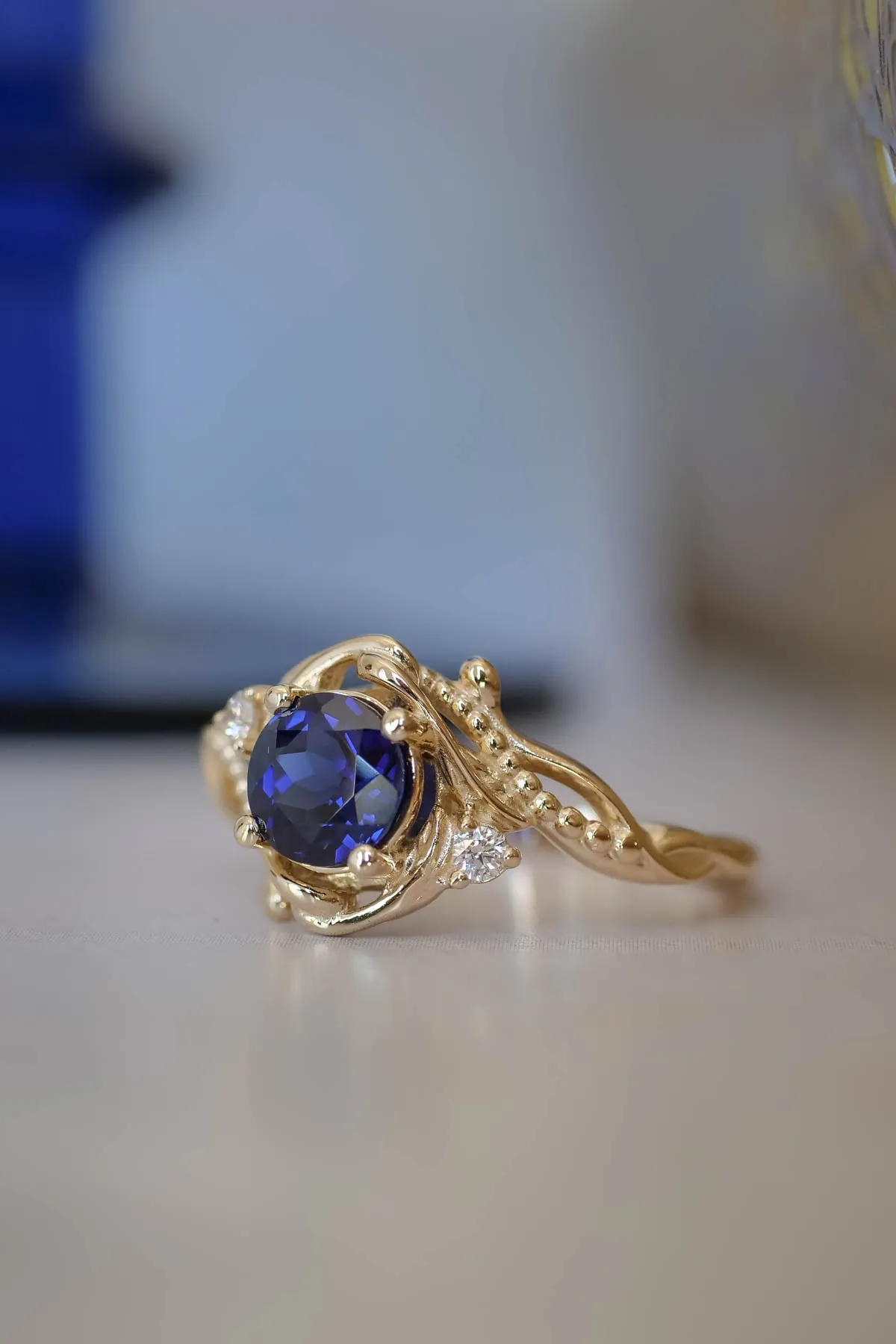 Fantasy engagement ring with blue lab sapphire / Undina