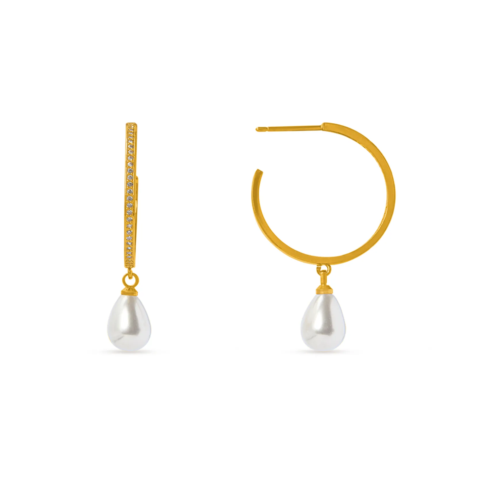 Fine Pave Peardrop Pearl Mid-Sized Hoop Earrings - Gold