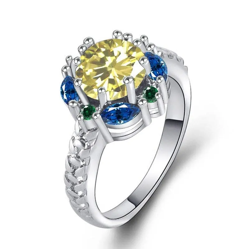 Flower Shaped Citrine and Sapphire Ring - 925 Sterling Silver