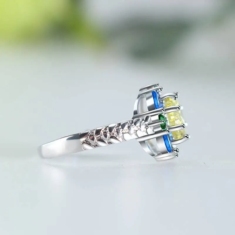 Flower Shaped Citrine and Sapphire Ring - 925 Sterling Silver