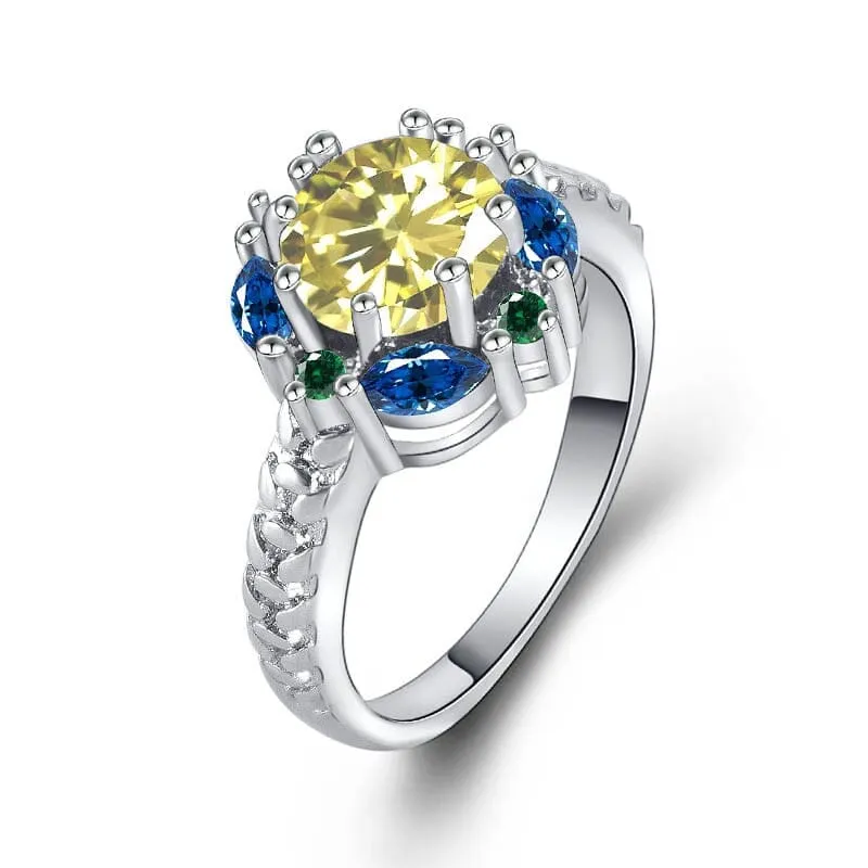 Flower Shaped Citrine and Sapphire Ring - 925 Sterling Silver