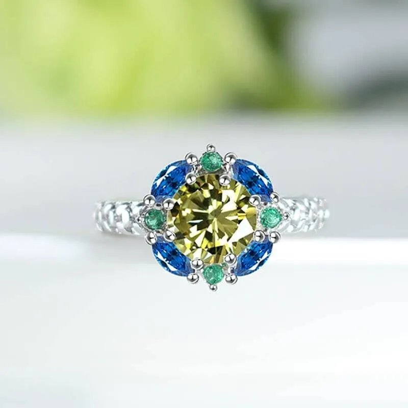 Flower Shaped Citrine and Sapphire Ring - 925 Sterling Silver