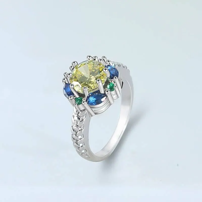 Flower Shaped Citrine and Sapphire Ring - 925 Sterling Silver