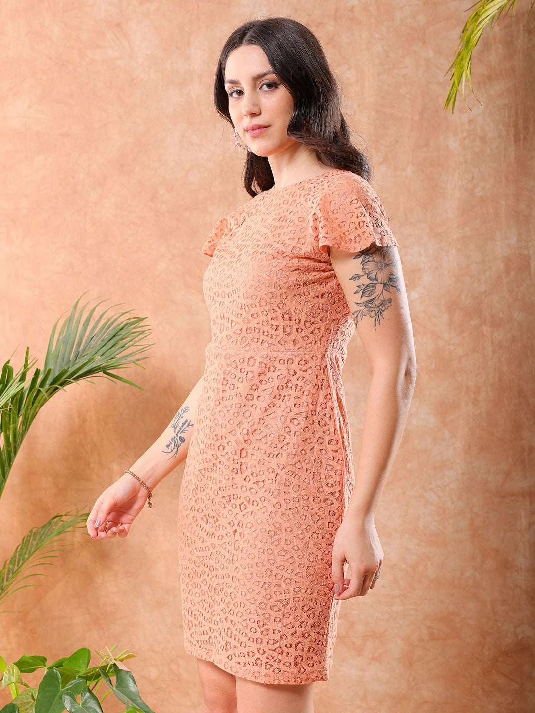 Freehand Women Orange Fitted Lace Round Neck Sheath Dress