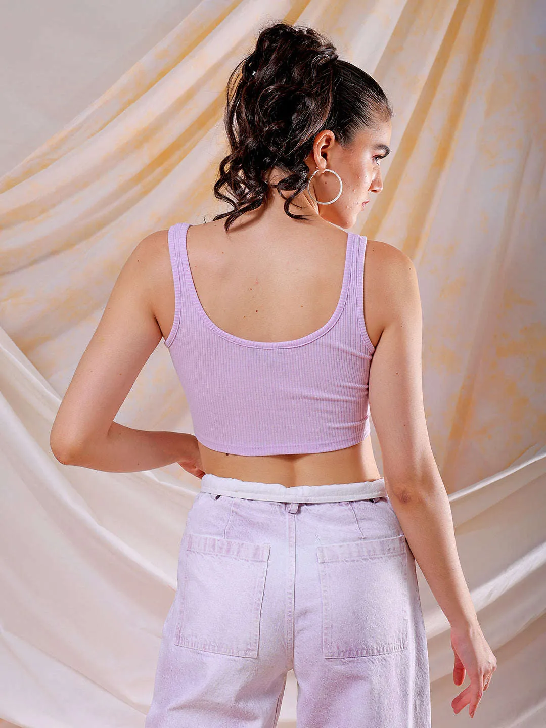 Freehand Women Purple Fitted Solid Square Neck Crop Top