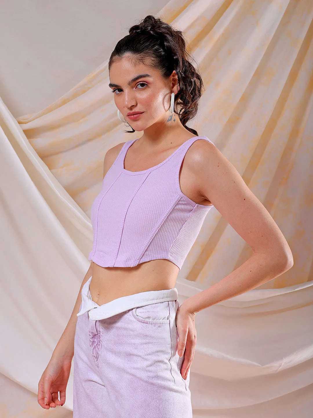 Freehand Women Purple Fitted Solid Square Neck Crop Top