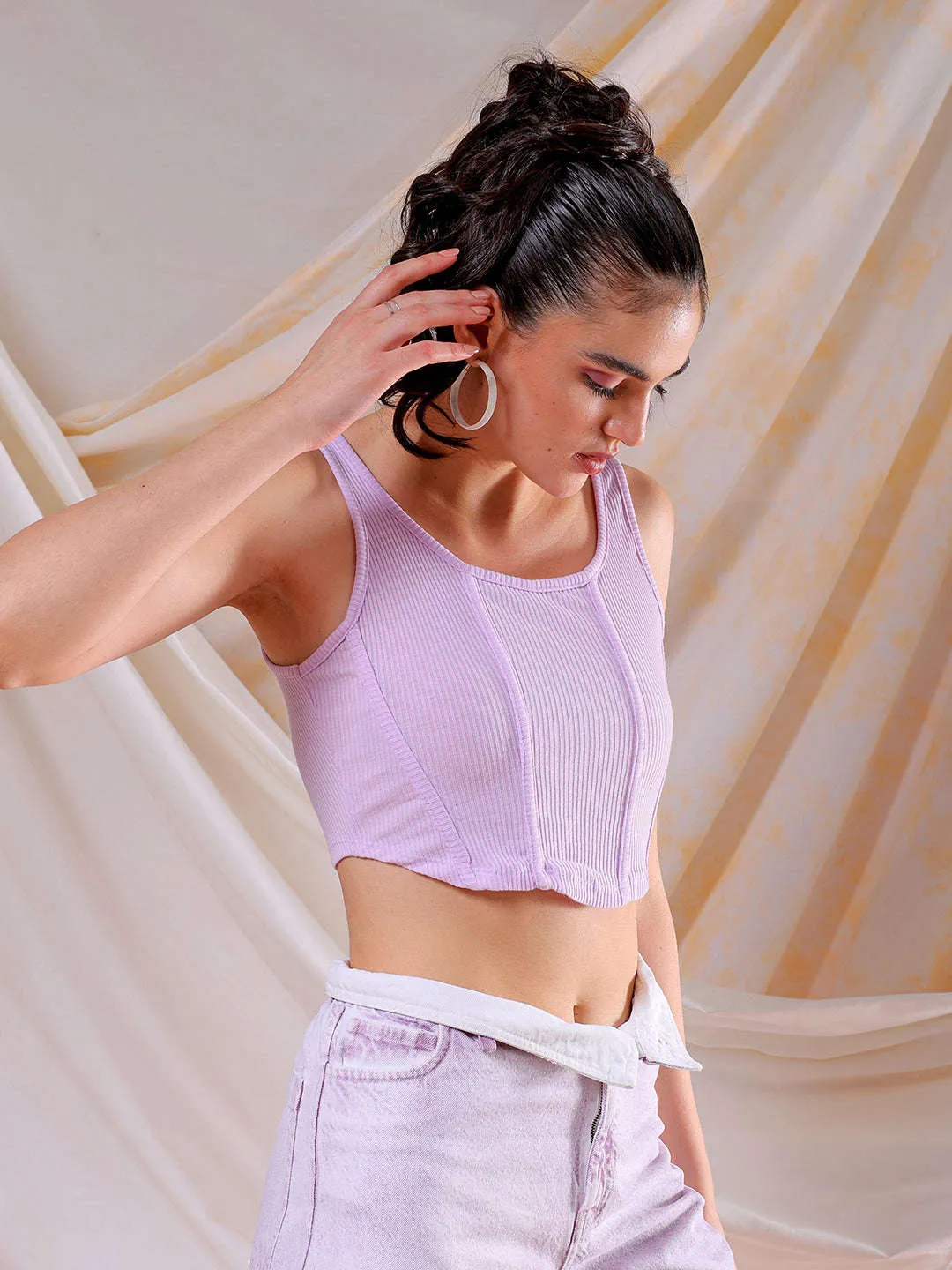 Freehand Women Purple Fitted Solid Square Neck Crop Top